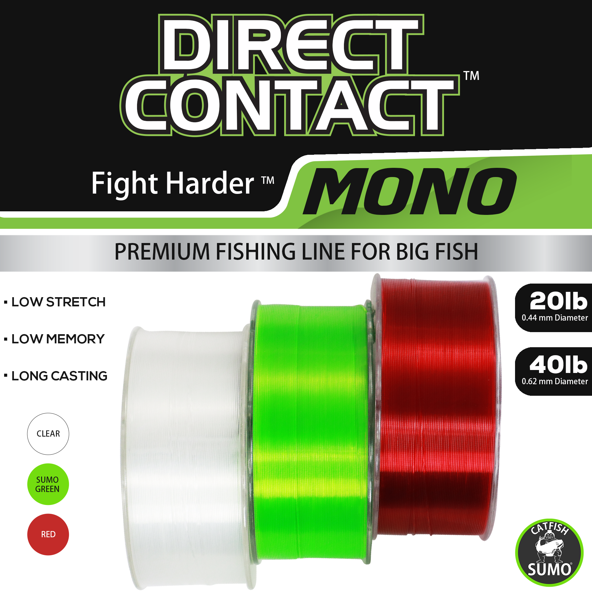 Direct Contact Premium Fishing Line for Big Fish, Mono, 300 Yard Spool 20lb / Sumo Green