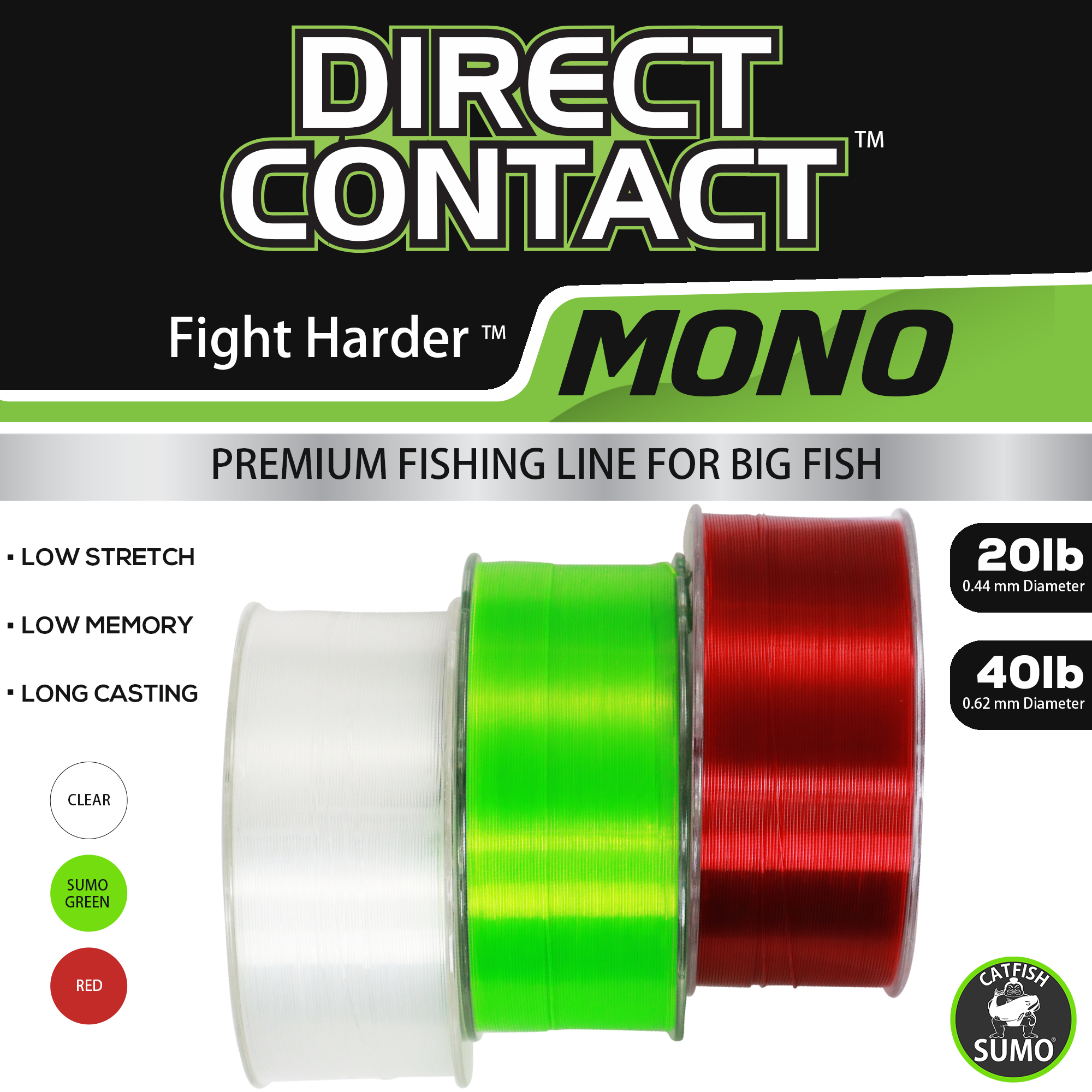2 fishing mono line dia inches Direct Contact Premium Fishing Line for Big Fish, Mono, 300 Yard Spool 20lb / Sumo Green