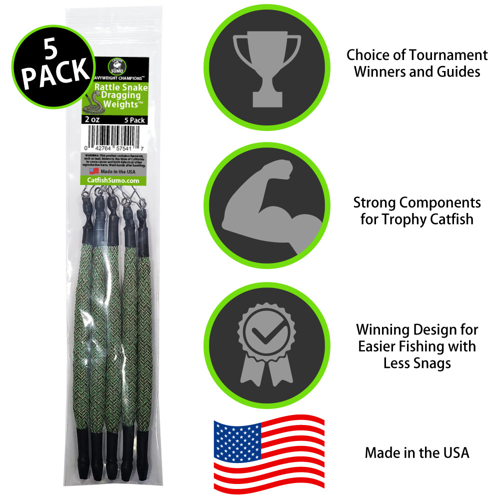 Rattle Snake™ Dragging Weights, Rattling Sinkers for Easily Drifting and  Trolling Through Snags, Without Hangups - 2oz (5 Pack) / Green